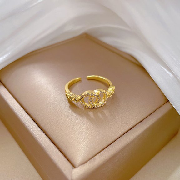 Gold Plated Double Ring Classic Style Micro Inlay Light Luxury Ring For Women Adjustable Elegant Everyday Item