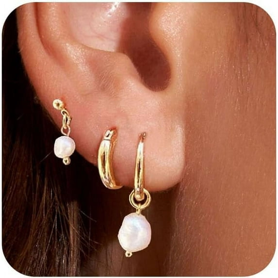 Gold Plated Earrings for Women, 14k Gold Plated Earring Stack Hypoallergenic Pearl Drop Earring Dainty Earrings for Women Trendy Cute Small Huggie Hoop Earring Fashion Womens Jewelry