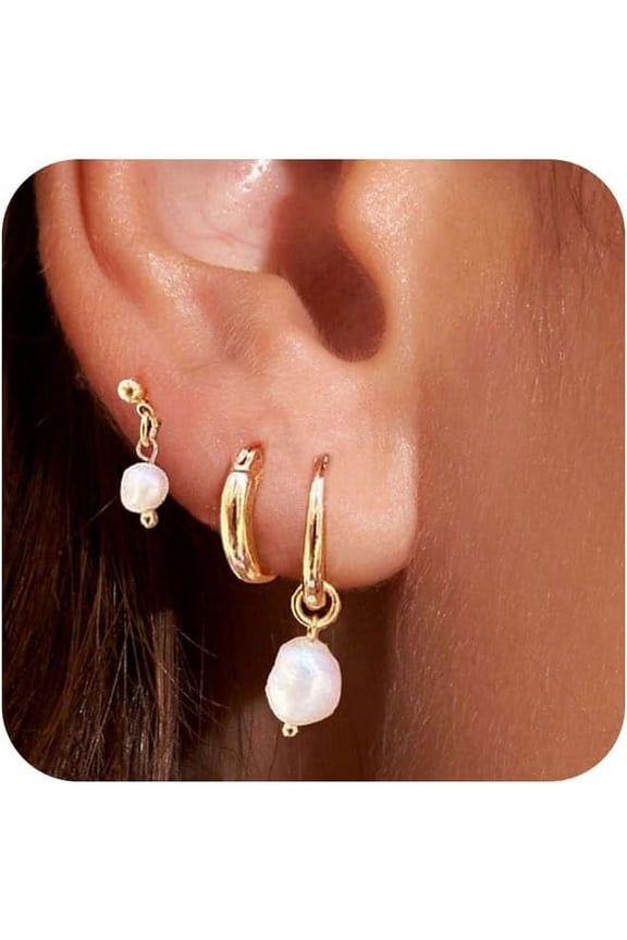 Gold Plated Earrings for Women, 14k Gold Plated Earring Stack Hypoallergenic Pearl Drop Earring Dainty Earrings for Women Trendy Cute Small Huggie Hoop Earring Fashion Womens Jewelry
