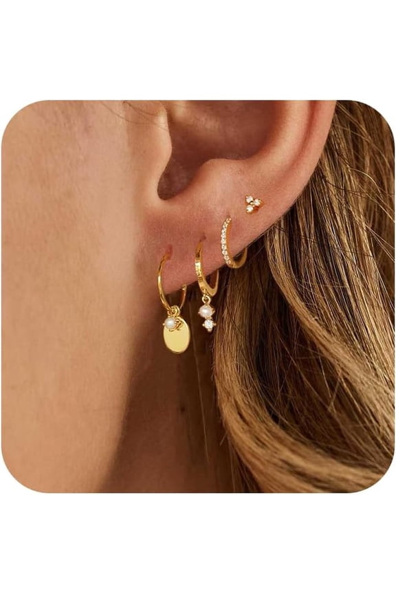 Gold Plated Earrings for Women, 14k Gold Plated Earring Stack Hypoallergenic Pearl Drop Earring Dainty Earrings for Women Trendy Cute Small Huggie Hoop Earring Fashion Womens Jewelry