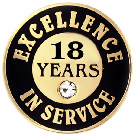 Gold Plated Excellence in Service Enamel Lapel Pin w/ Rhinestone - 18 years
