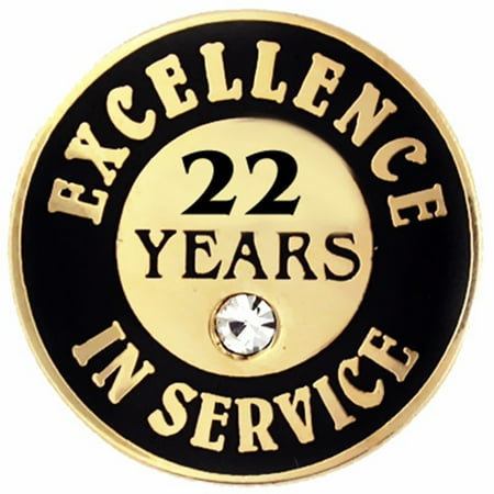 Gold Plated Excellence in Service Enamel Lapel Pin w/ Rhinestone - 22 years