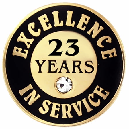 Gold Plated Excellence in Service Enamel Lapel Pin w/ Rhinestone - 23 years