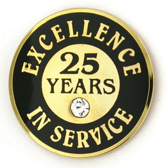 Gold Plated Excellence in Service Enamel Lapel Pin w/ Rhinestone - 25 Years