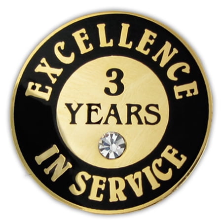 Gold Plated Excellence in Service Enamel Lapel Pin w/ Rhinestone - 3 Years