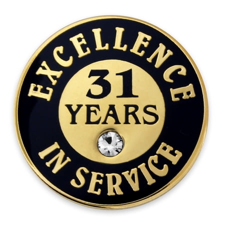 Gold Plated Excellence in Service Enamel Lapel Pin w/ Rhinestone - 31 Years