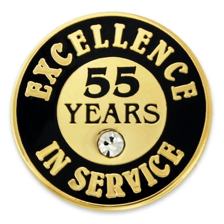 Gold Plated Excellence in Service Enamel Lapel Pin w/ Rhinestone - 55 Years