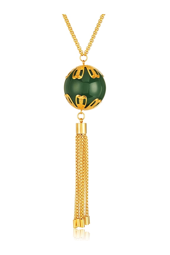 Women's Large Faux Green Jade Tassel Gold Plated Steel Necklace