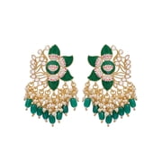 Gold-Plated Floral stud style jhalar Green Meenakari Earrings