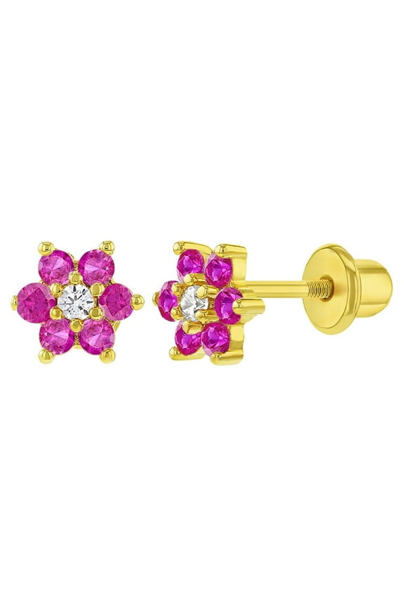 Gold Plated Fuchsia Clear CZ Flower Screw Back Earrings for Toddlers & Kids 5mm