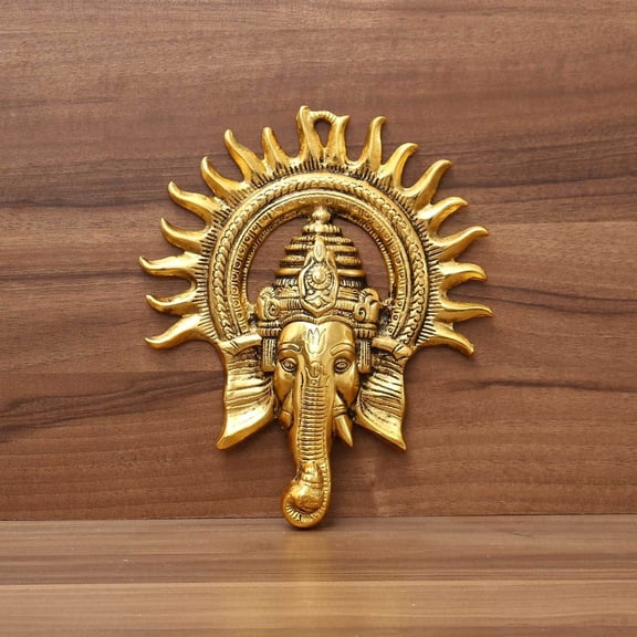 Gold Plated Ganesha Idol, For Home Dcor With Surya Chakra, Gold Color | Ganpati Diwali Decoration Items | Wall Hangings Lucky Fengshui - Decorative Gifts Deal Showpiece, Nazar Battu