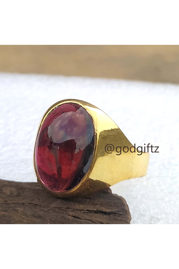 Gold Plated Garnet Ring | Red Garnet Oval Cabochon Ring | 925 Sterling Silver Unisex Ring | Plain Handmade Garnet Ring | Gemstone Ring Men |