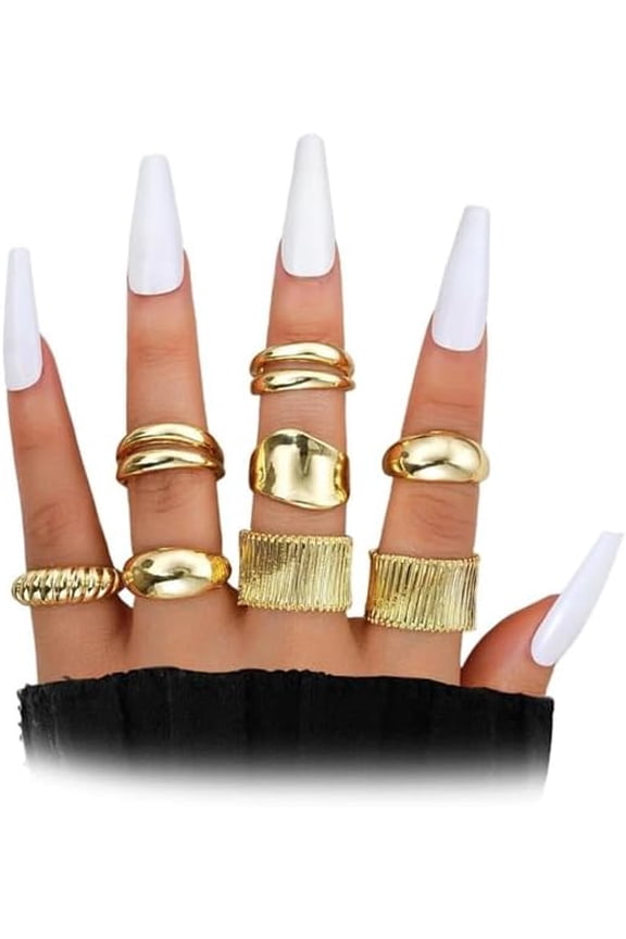 Gold Plated Geometric Chunky Teardrop Rings Set for Women,Open Adjustable Pleated Stacking Knuckle Finger Ring Set Punk Party Jewelry Accessories Gift