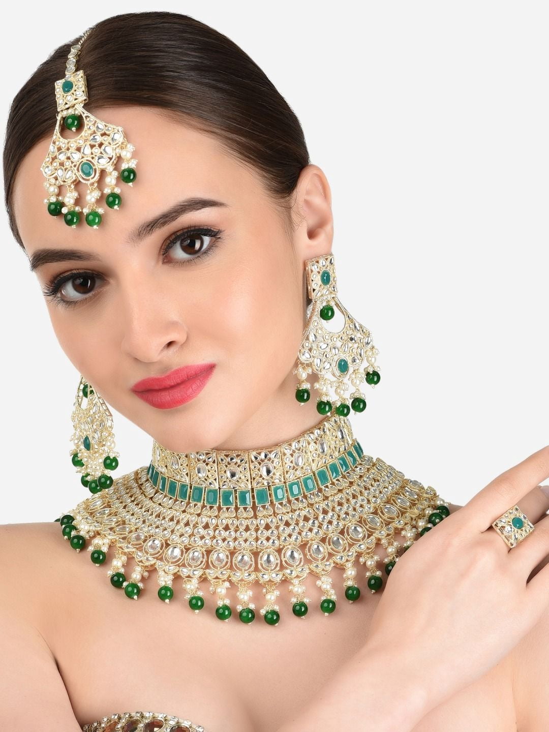 Women Gold Plated Kundan Studded Multicolor Pearl Beaded Traditional Jewellery Set