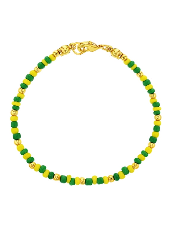 Gold Plated Green and Yellow Beaded Santeria Babalawo Unisex Orula Bracelet 7"