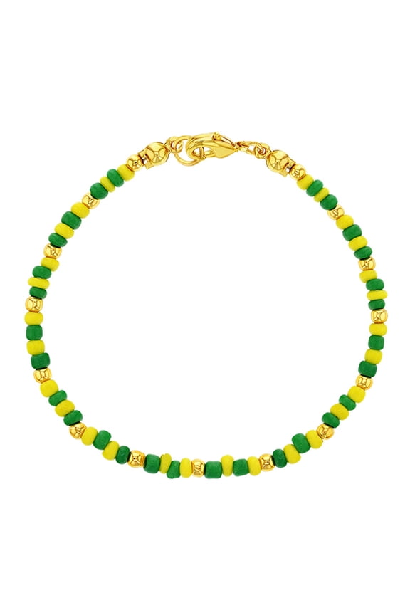 Gold Plated Green and Yellow Beaded Santeria Babalawo Unisex Orula Bracelet 7"