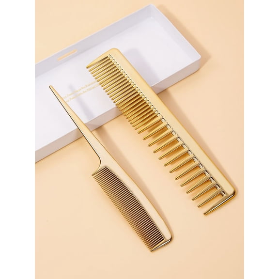 Gold Plated Hair Comb Set: Rat Tail & Wide Tooth Combs, 2-Piece Styling