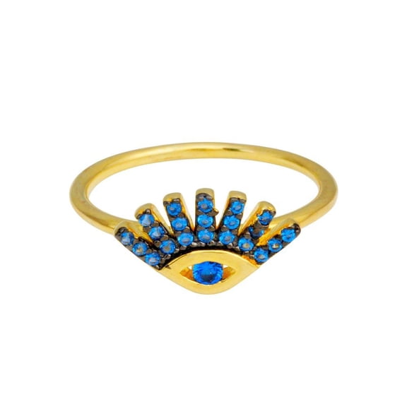 Gold Plated High Polished 925 Sterling Silver Blue Eye Ring Band CZ Jewelry Female Size 5