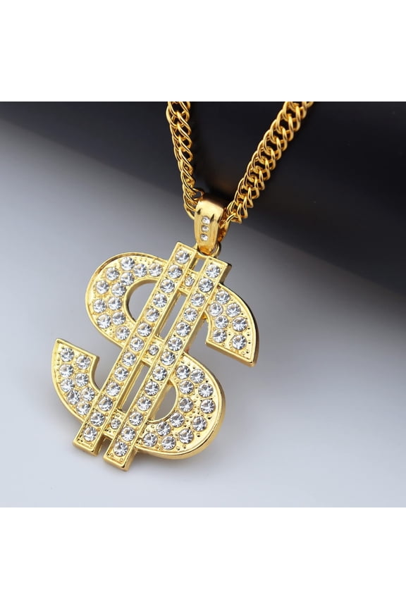 Gold Plated Hop Chain with Dollar Sign Pendant, Men's Fashion Necklace with Charm Design - Gold
