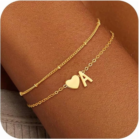 Gold Plated Initial Bracelets for Women - 18K Gold Plated Heart Initial Bracelet Gifts Trendy Stuff Dainty Gold Plated Bracelets for Women Trendy Jewelry Gifts