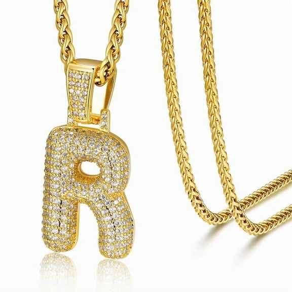 Gold Plated Initial Necklaces for Women Men Bubble Letter Cubic Zirconia Pendant Necklace Charm Jewelry Gift, R