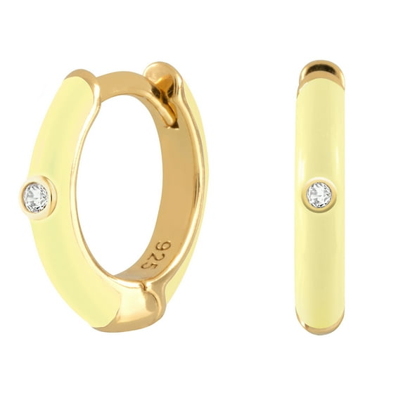 Gold Plated Light Yellow Enamel with CZ Huggie Hoop Earrings for Women