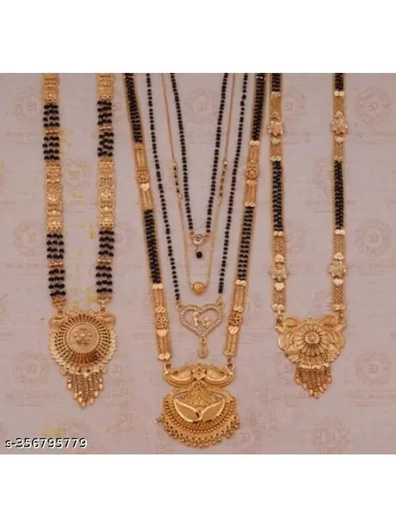 Gold Plated Mangalsutra Necklace Combo for Women, Traditional Black Bead Styl...