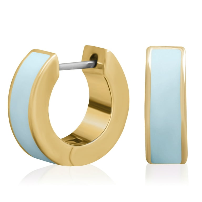 Gold Plated Matte Light Blue Enamel Square Edge Huggie Hoop