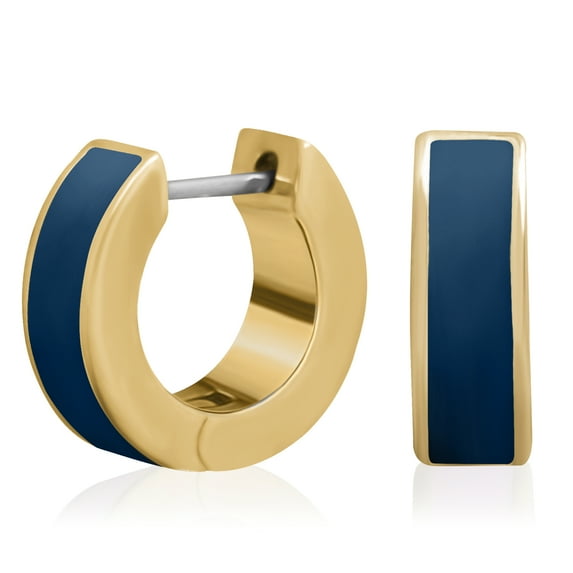 Gold Plated Matte Navy Blue Enamel Square Edge Huggie Hoop Earrings for Women
