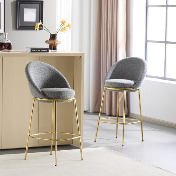 Gold-Plated Metal Barstools Set of 2 with Mixed Gray Upholstery, Indoor Counter Height Stools with Ergonomic Backrest for Kitchen Island, Home Bar, and Compact Living Spaces