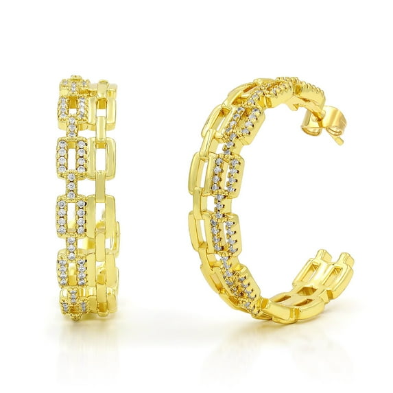 Gold Plated Micro Pave Double Row Paper Clip, CZ Cubic Zirconia Hoop Earring, Giorgio Bergamo