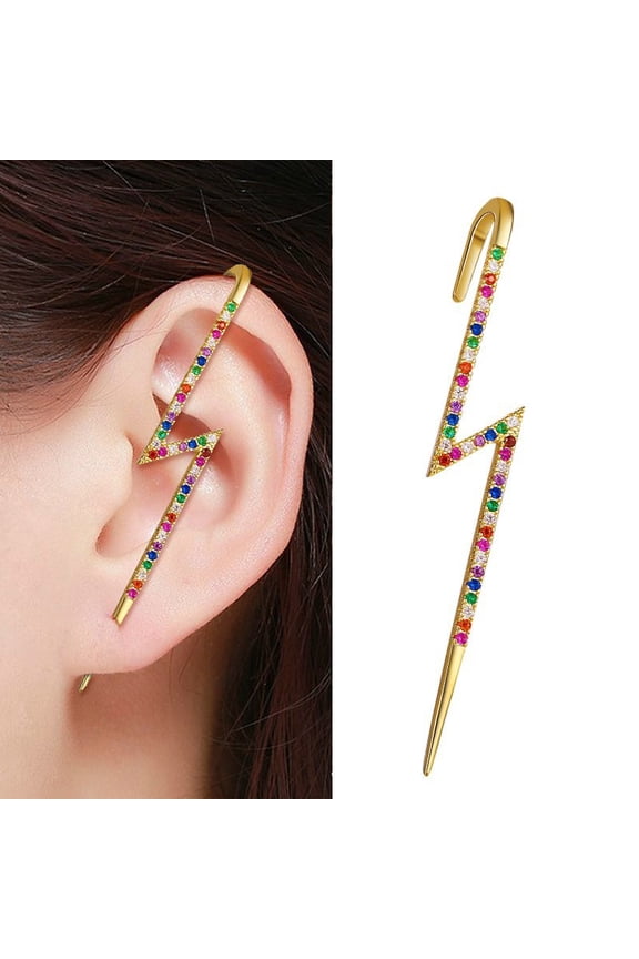 Gold Plated Micro Pave Rainbow CZ Lightning Bolt Ear Cuff Earring