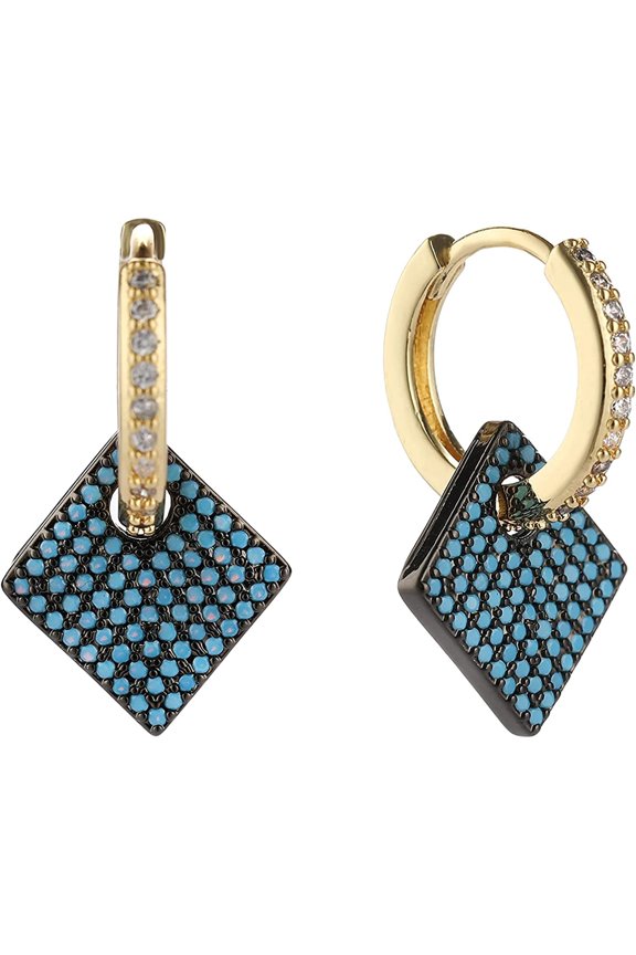Gold Plated Micro Pave Turquoise Diamond Shape Cubic Zirconia Drop Earrings, Giorgio Bergamo Turquoise