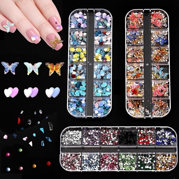 Gold Plated Nail Charms Kit - 3 Pack Mixed 3D Butterfly，Rhinestones, Pearls, Gems, Flowers & Bows for Nail Art Design (Rainbow B)
