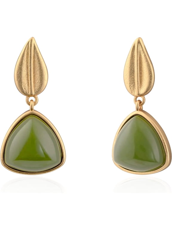 Gold Plated Natural Green Jade Earrings Elegant Triangle Birthstone Earrings with Gold Leaf Stud Earrings for Women Trendy Hypoallergenic Jade Jewelry for Gift