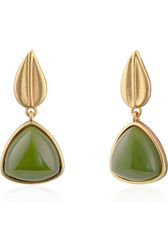 Gold Plated Natural Green Jade Earrings Elegant Triangle Birthstone Earrings with Gold Leaf Stud Earrings for Women Trendy Hypoallergenic Jade Jewelry for Gift
