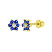 IN SEASON JEWELRY Gold Plated Navy Blue Clear CZ Flower Screw Back Earrings for Children 5mm