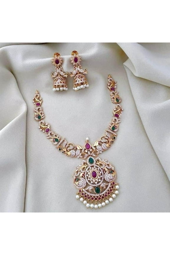 Gold Plated Necklace with Jhumka Earrings - Peacock AD Ruby & Green Kemp Stones, South Indian Bridal Jewelry, Antique Bollywood Wedding Jewelry Set