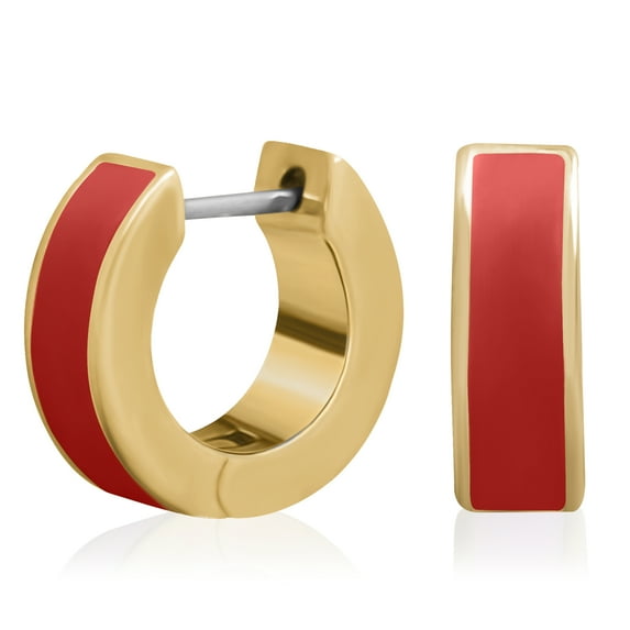 Gold Plated Opaque Red Enamel Square Edge Huggie Hoop Earrings for Women