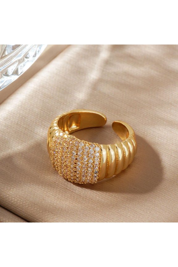 Gold Plated Open Ring for Women Sparkling Zirconia Adjustable Statement Ring Elegant Thread Design Fine Jewelry Luxury Everyday Wear Classic Shiny Accessories Golden DIY