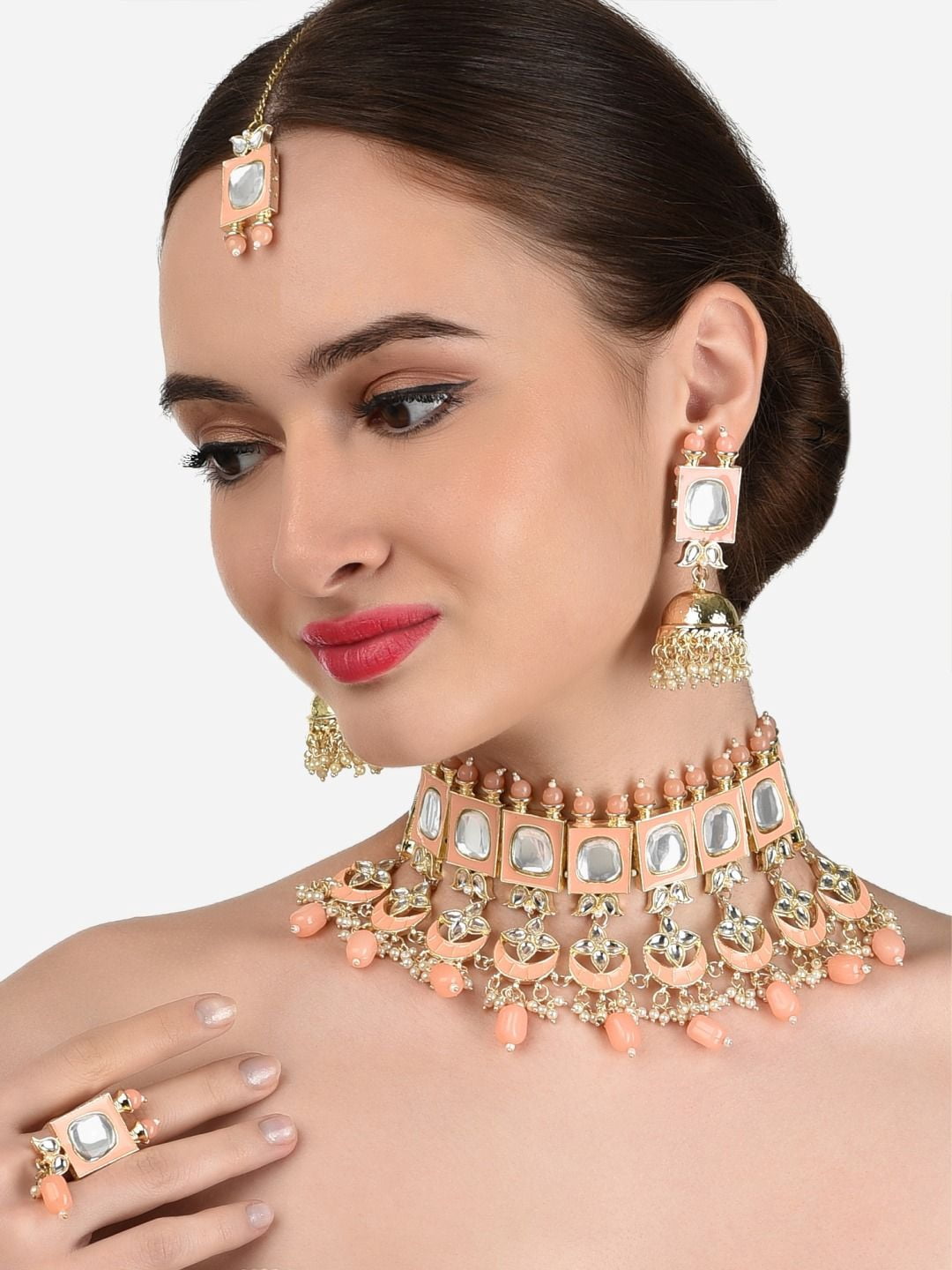 Gold Plated Maang Tikka For Women – Kundan Floral Design With White Beads, Bridal Jewelry