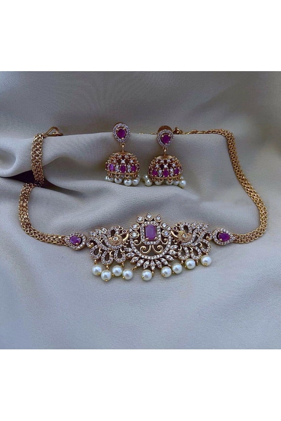 Gold-Plated Peacock Choker with Jhumka South Indian Pakistani Bollywood Matte Finish Jewelry with Ruby & White Kemp Stones Short Necklace set AD CZ Jhumki Earrings