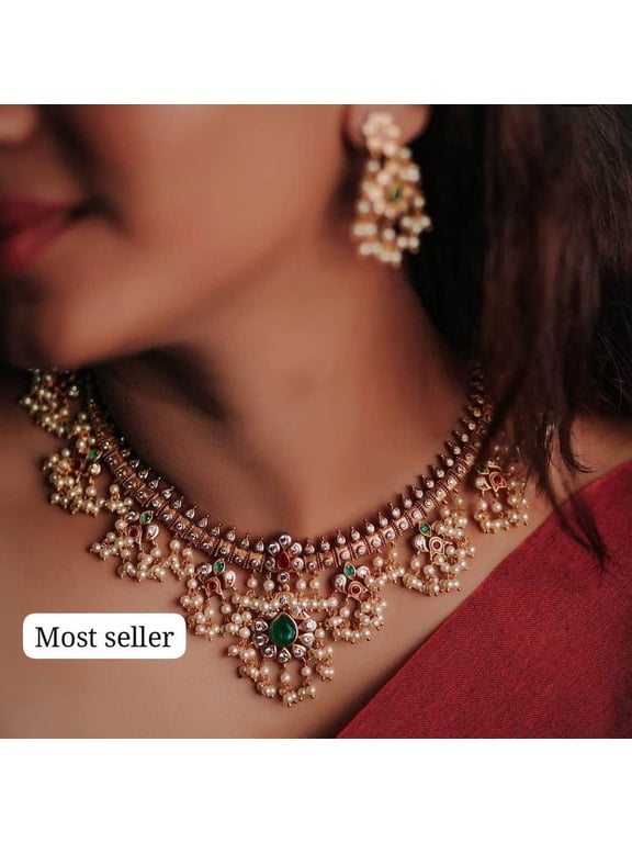 Gold Plated Pearl Choker Necklace Set with Kundan Stones - Bridal Wedding Jewelry for Women, Ruby Green & White Stone Indian Jewelry