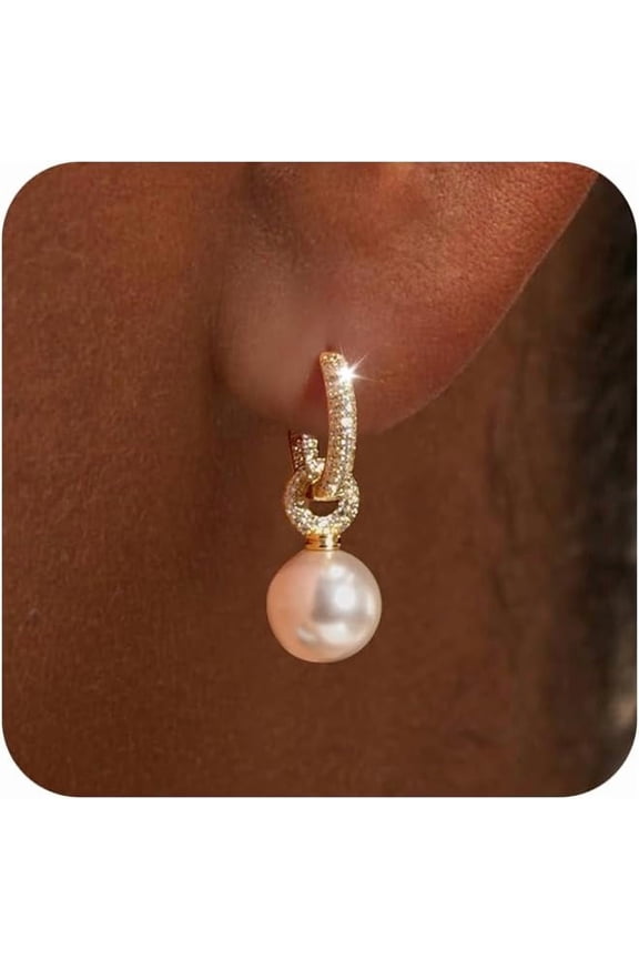 Gold Plated Pearl Earrings for Women, 14K Pearl Dangle Hoop Earrings Hypoallergenic Dainty Gold Wedding Earrings Jewelry Gift for Women bridesmaid Trendy