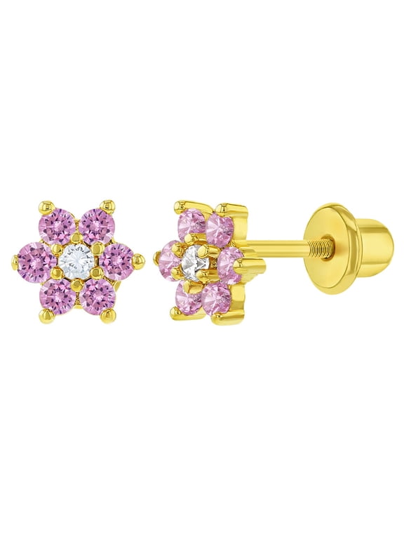 Gold Plated Pink & Clear CZ Flower Screw Back Earrings for Toddlers Girls 5mm