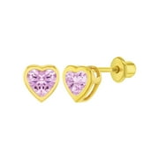 IN SEASON JEWELRY Gold Plated Pink Cubic Zirconia Small Heart Screw Back Toddler Earrings 5mm