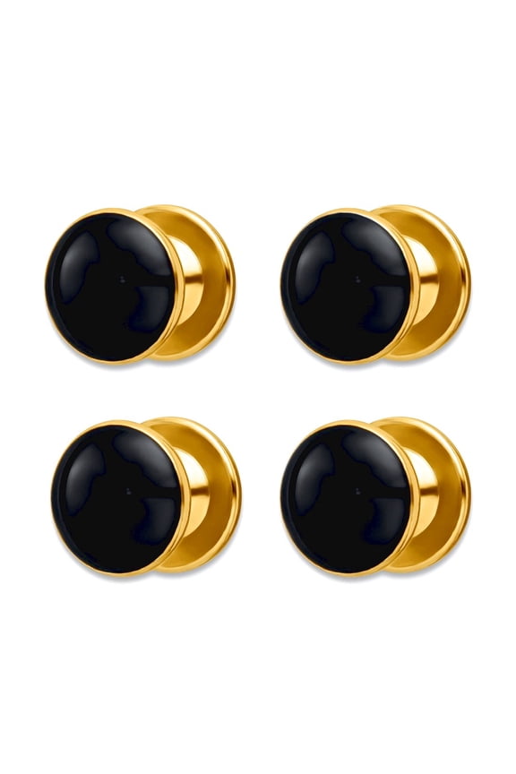 Gold Plated Polished Engravable (back only) Four Piece Black Epoxy Tuxedo Studs 8x8mm Wide Stud Earring for Women