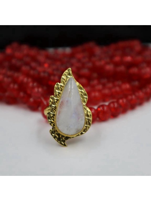 Gold Plated Rainbow Moonstone Big Brass Ring Leafy Design Nature Inspired Boho Jewelry for Women, Ethnic Healing Crystal Statement Ring