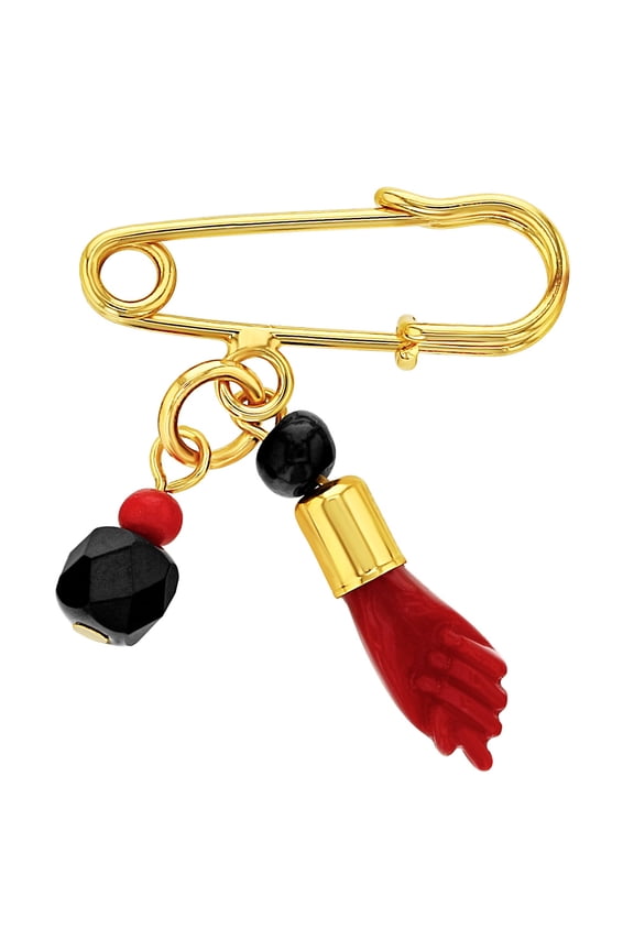 Gold Plated Red Figa Hand Simulated Azabache Evil Eye Protection Baby Pin Brooch