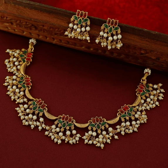 Gold-Plated Red & Green Lotus Pearl Cluster Necklace Set – Traditional Indian Jewelry for Women